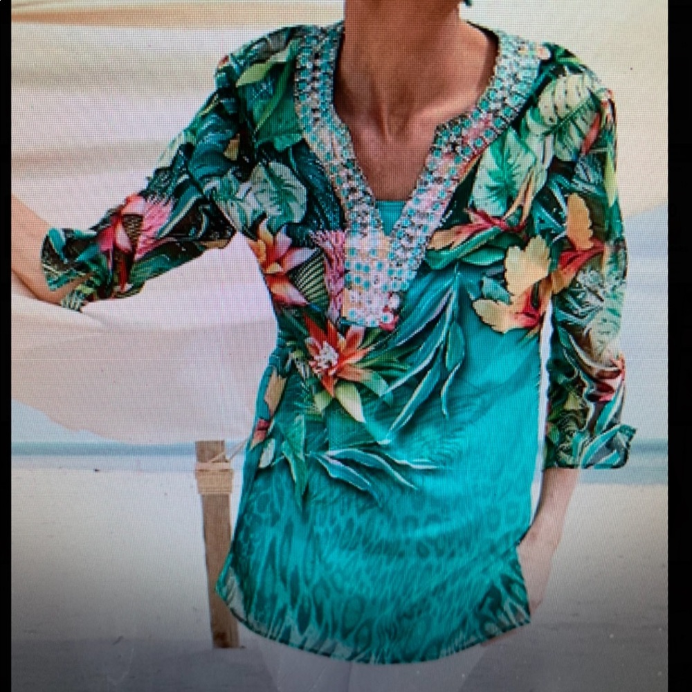 CHICOS TROPICAL PRINT TUNIC CHICOS 0 MISSES 6 NWT